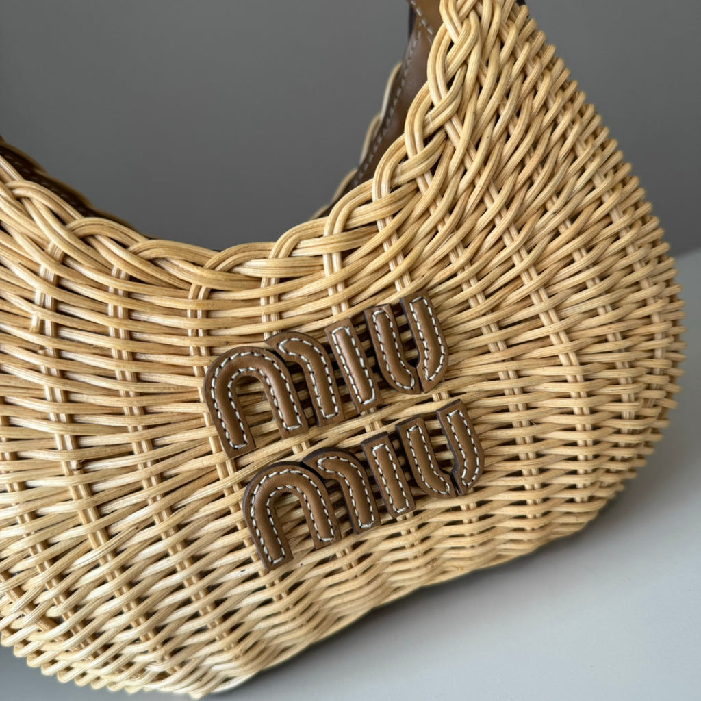 Miu Miu Woven Raffia Mini Hobo Bag – Natural