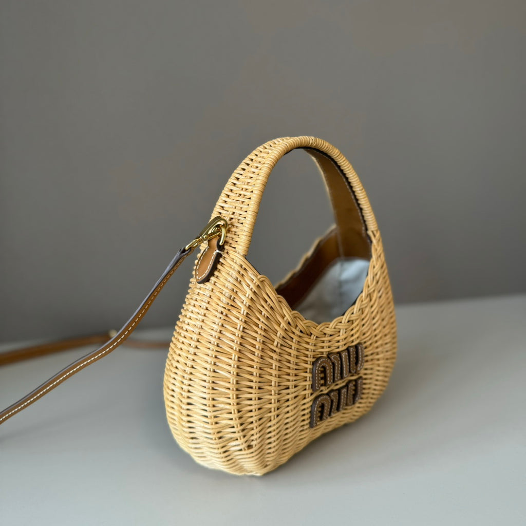 Miu Miu Woven Raffia Mini Hobo Bag – Natural