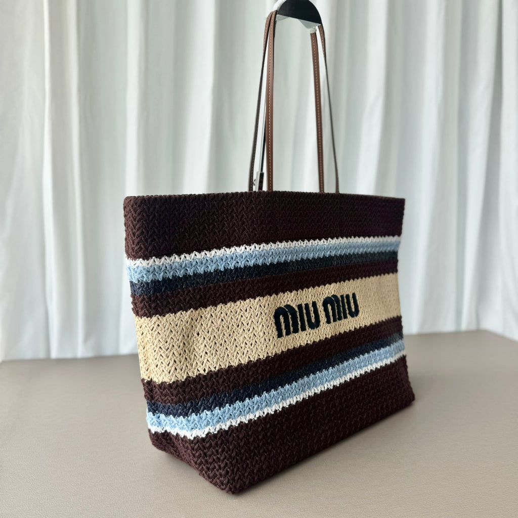 Miu Miu Striped Crochet Tote Bag – Brown
