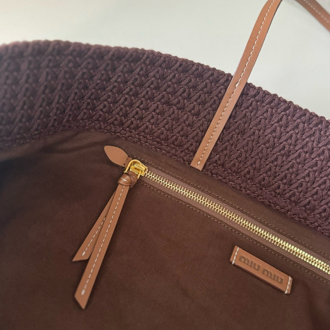 Miu Miu Striped Crochet Tote Bag – Brown