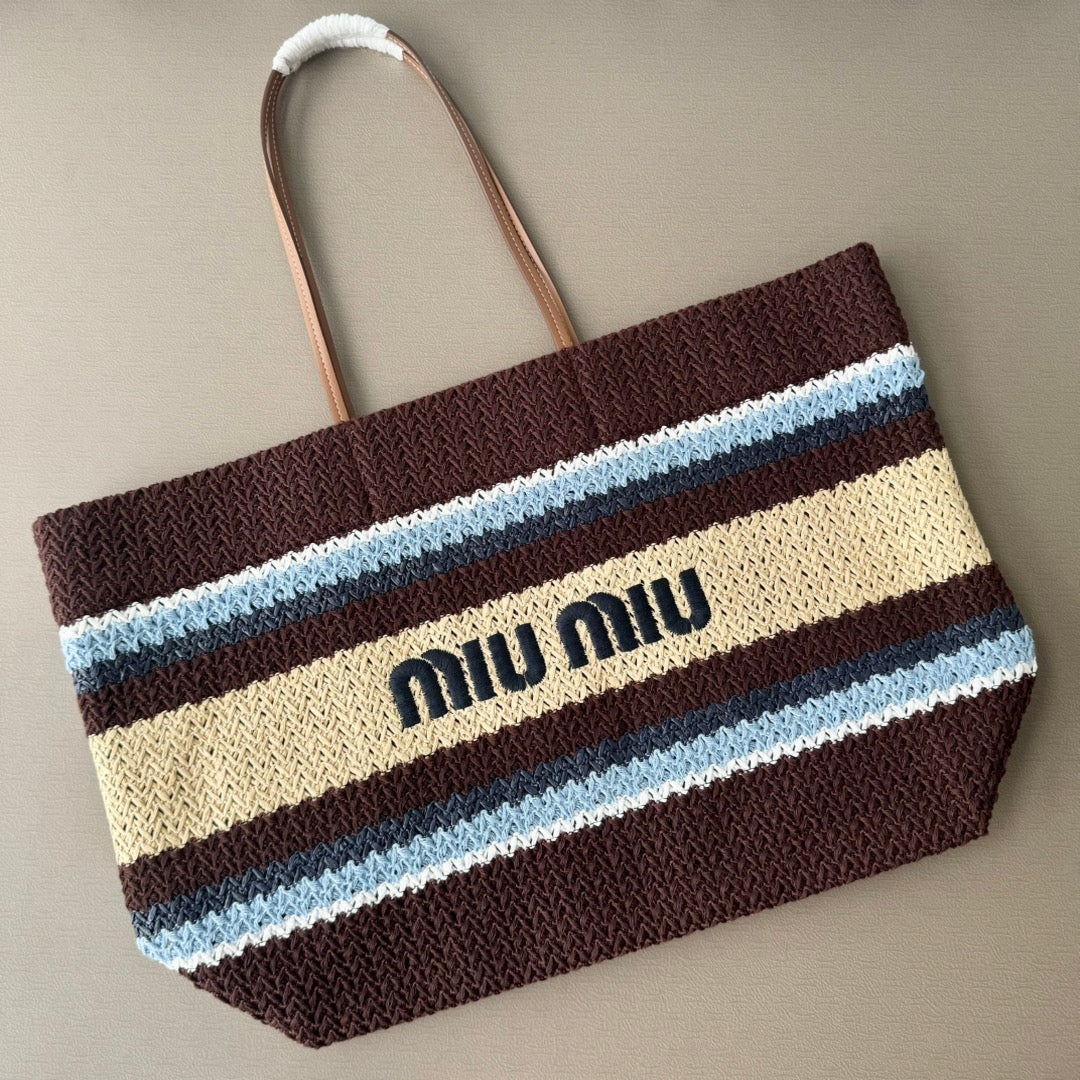 Miu Miu Striped Crochet Tote Bag – Brown