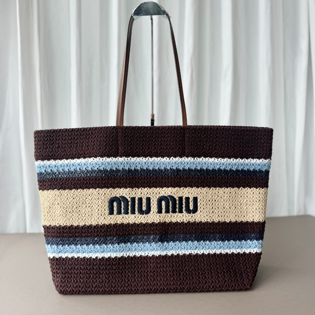 Miu Miu Striped Crochet Tote Bag – Brown