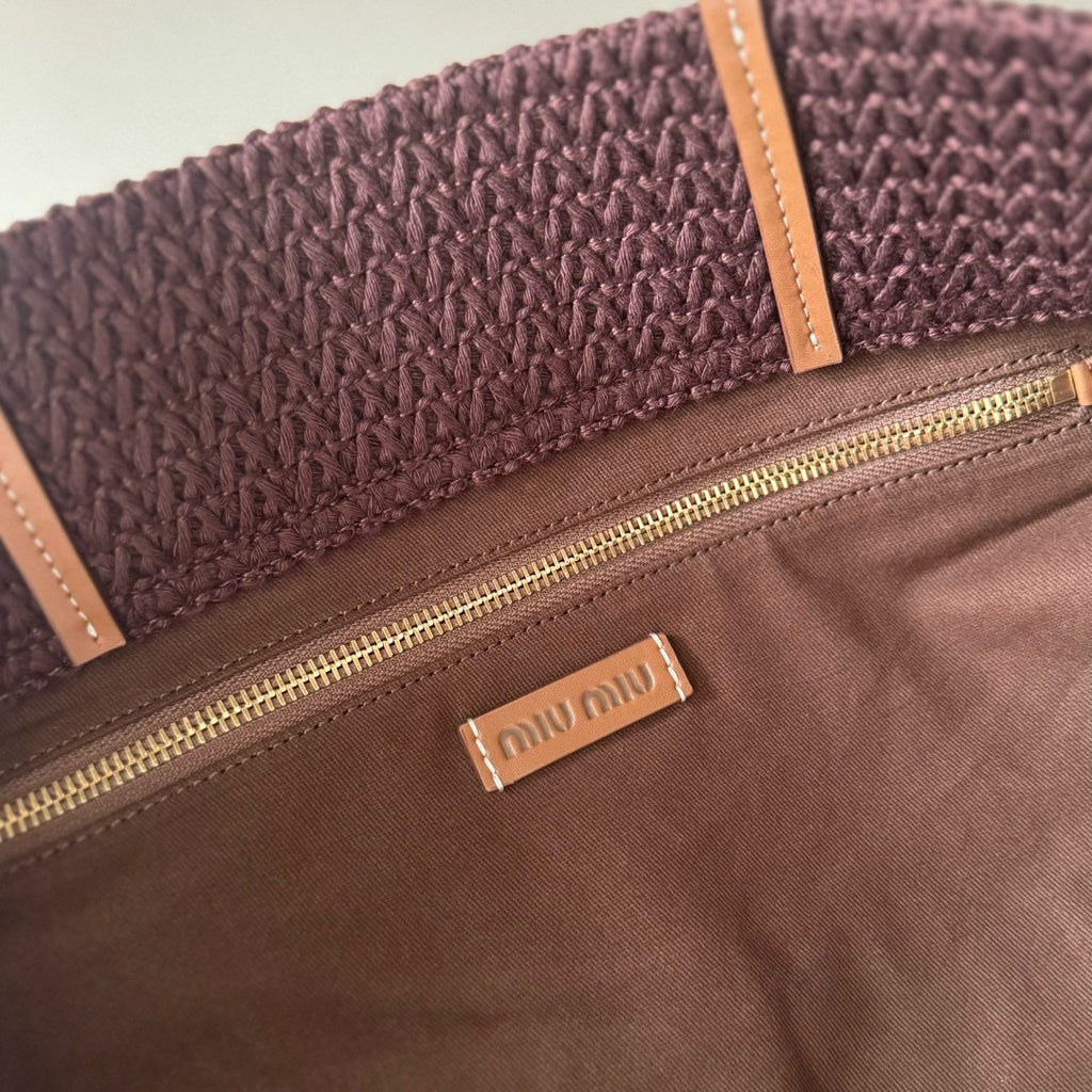 Miu Miu Striped Crochet Tote Bag – Brown
