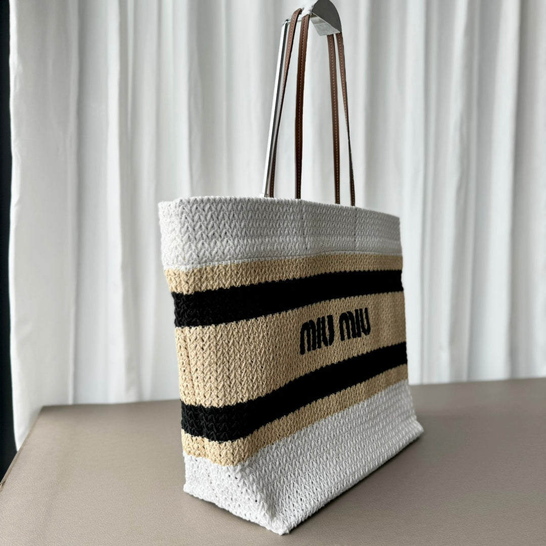 Miu Miu Striped Crochet Tote Bag – Brown & White