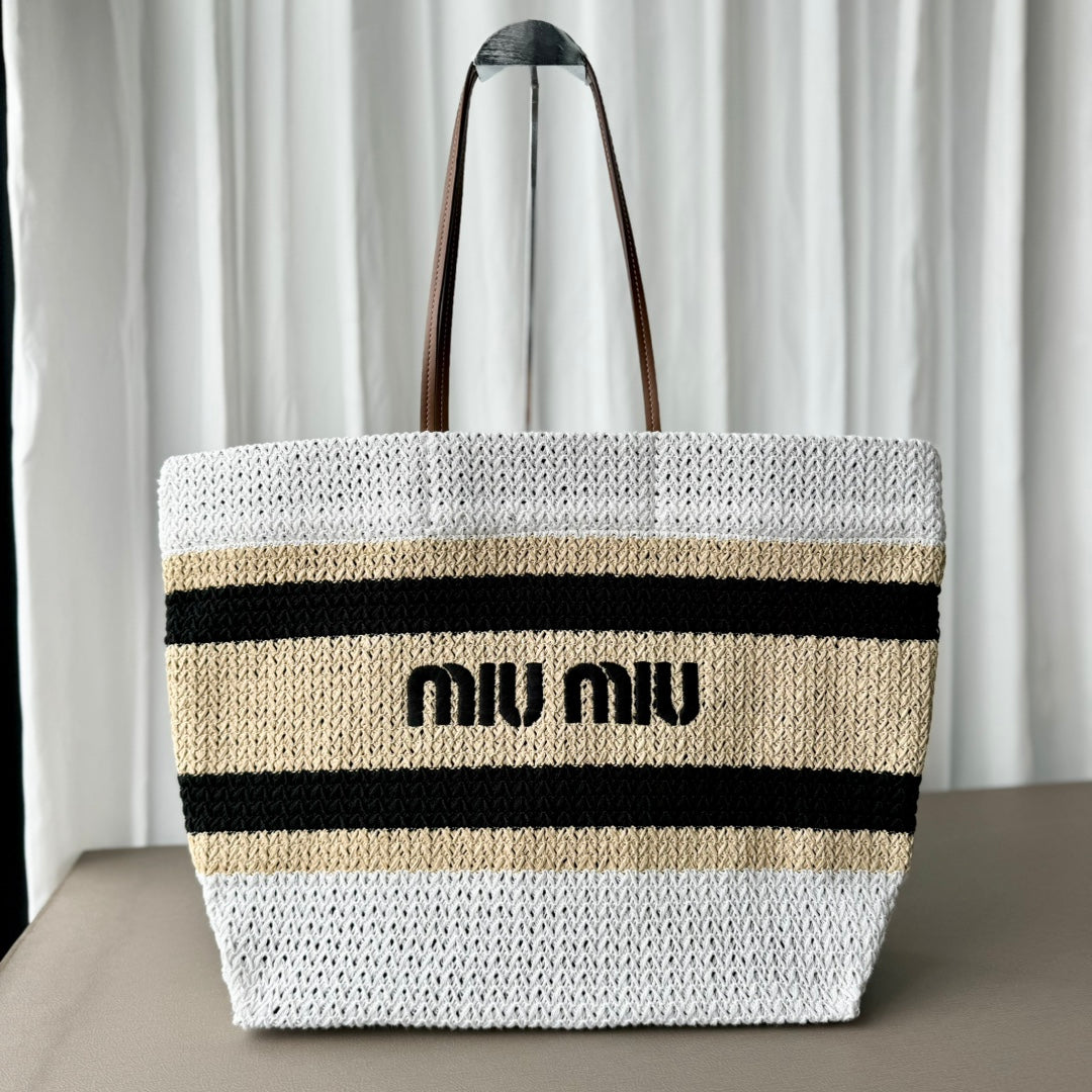 Miu Miu Striped Crochet Tote Bag – Brown & White