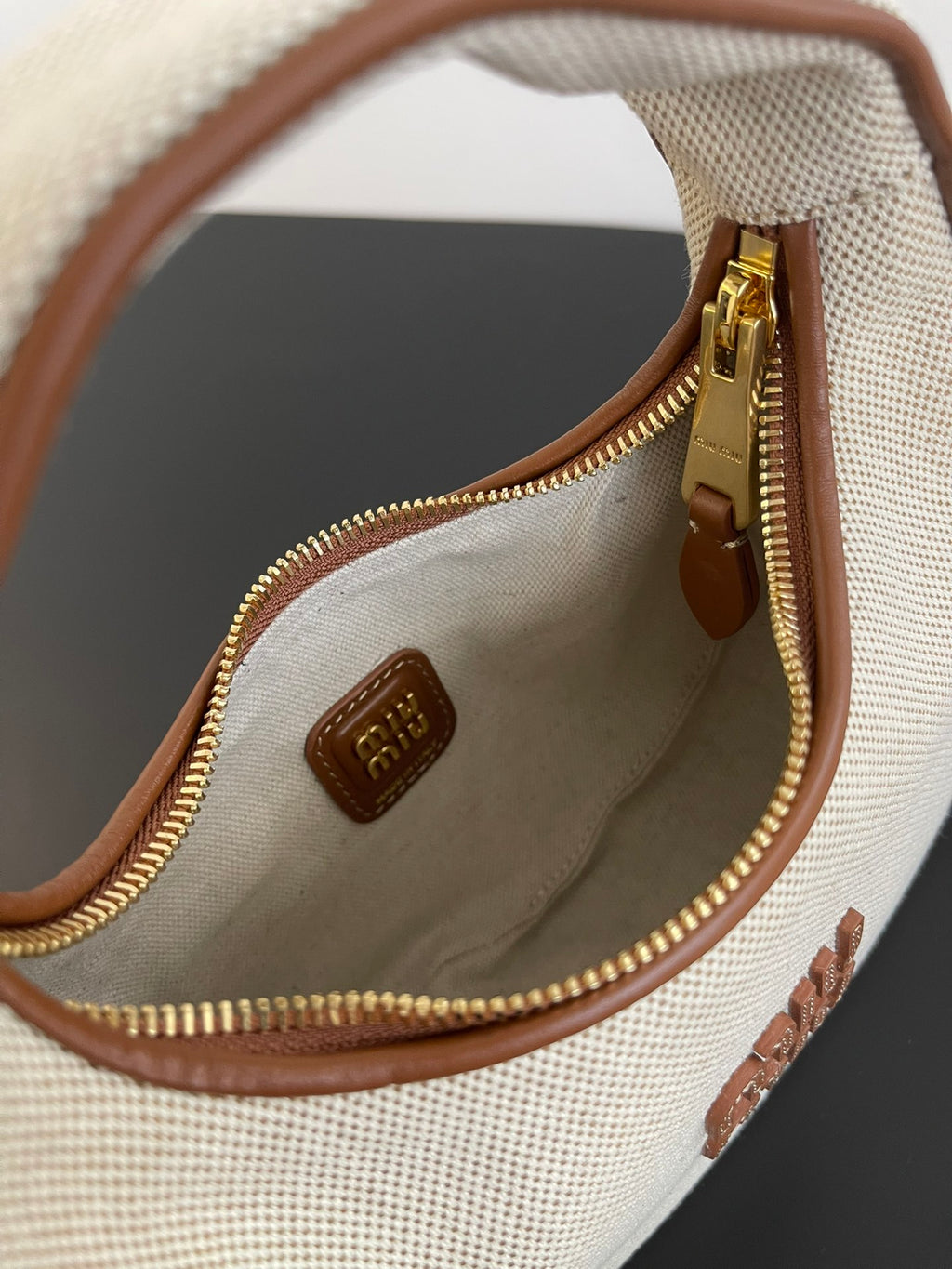 Miu Miu Mini Canvas Hobo Bag – Beige & Brown