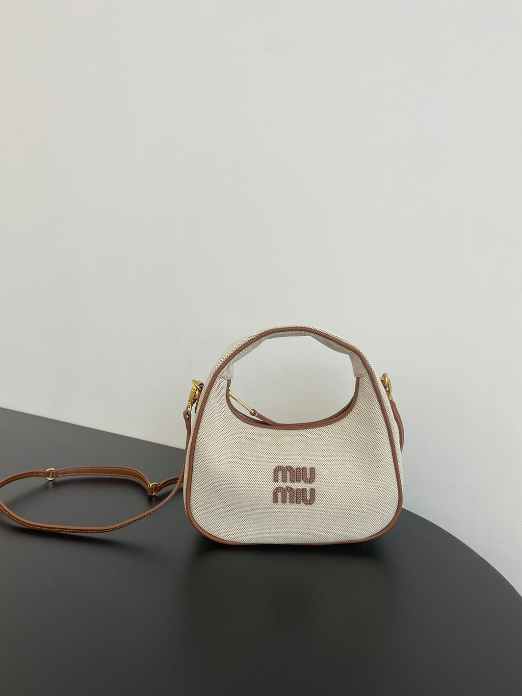 Miu Miu Mini Canvas Hobo Bag – Beige & Brown