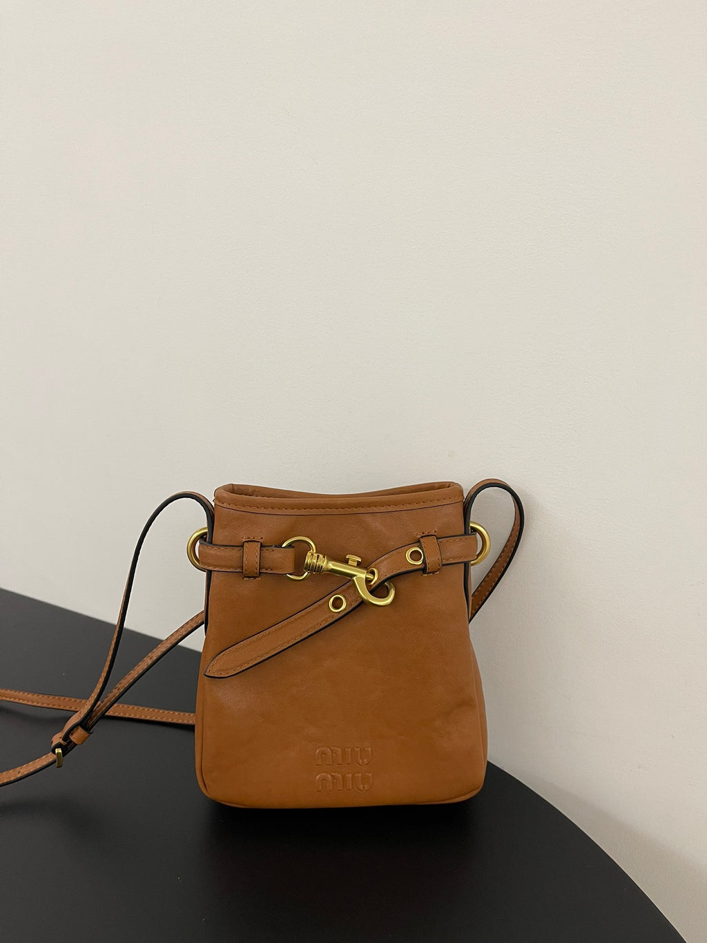 Miu Miu Aventure Leather Bucket Bag – Cognac