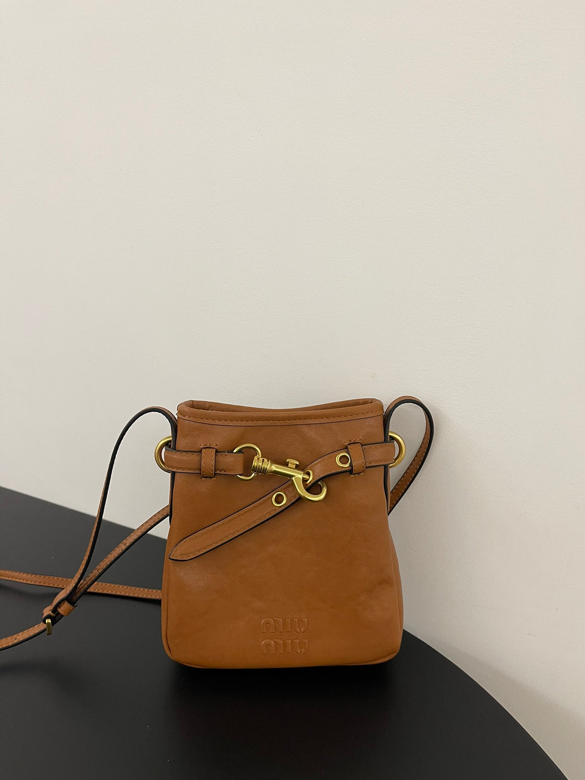 Miu Miu Aventure Leather Bucket Bag – Cognac