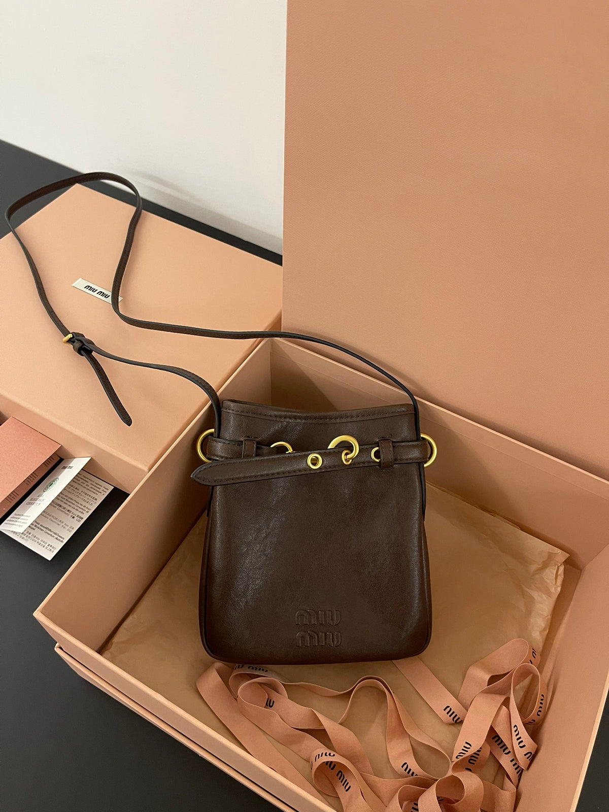Miu Miu Aventure Leather Bucket Bag – Dark Brown