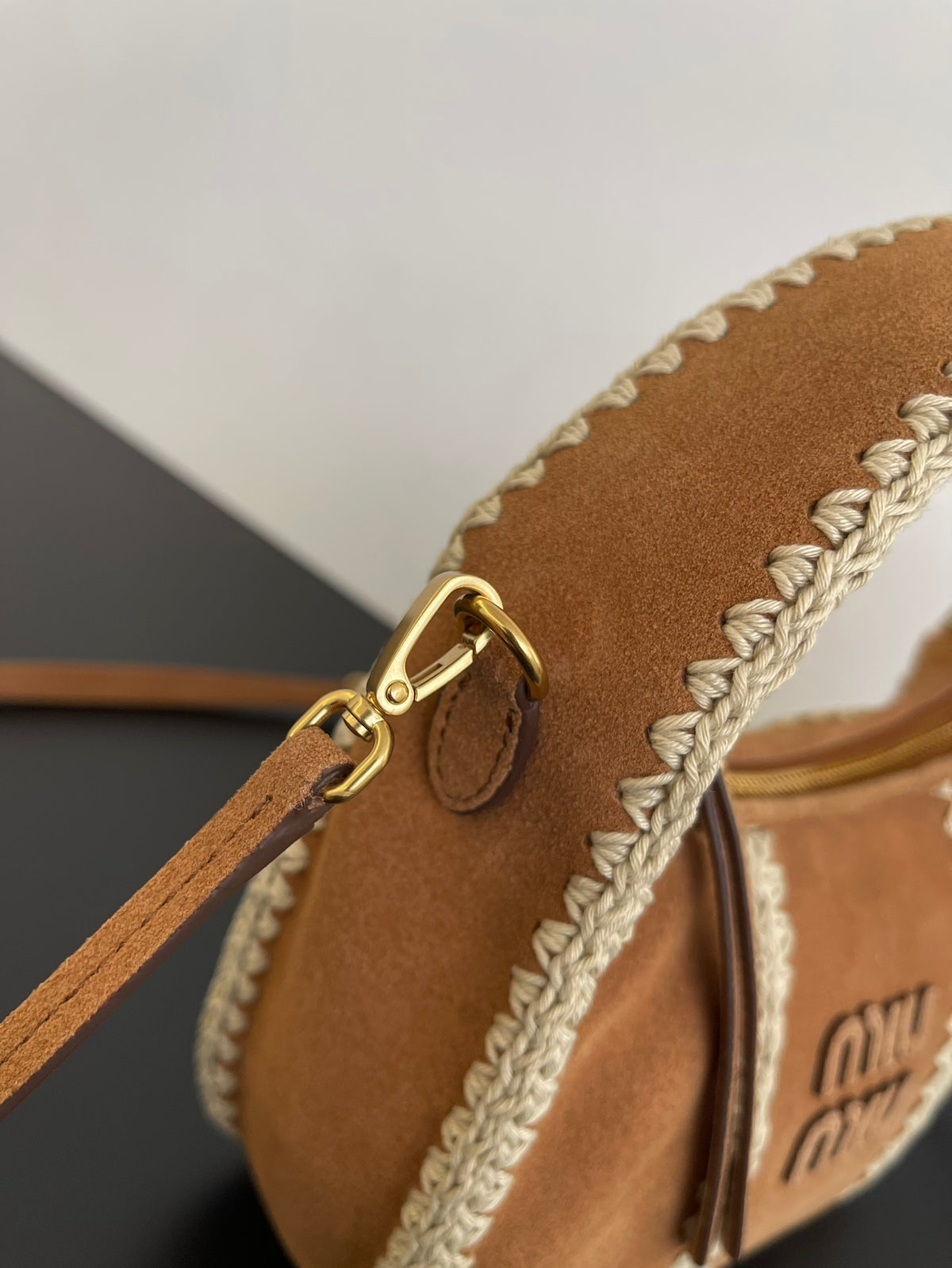 Miu Miu Woven Top Handle Bag – Camel & White