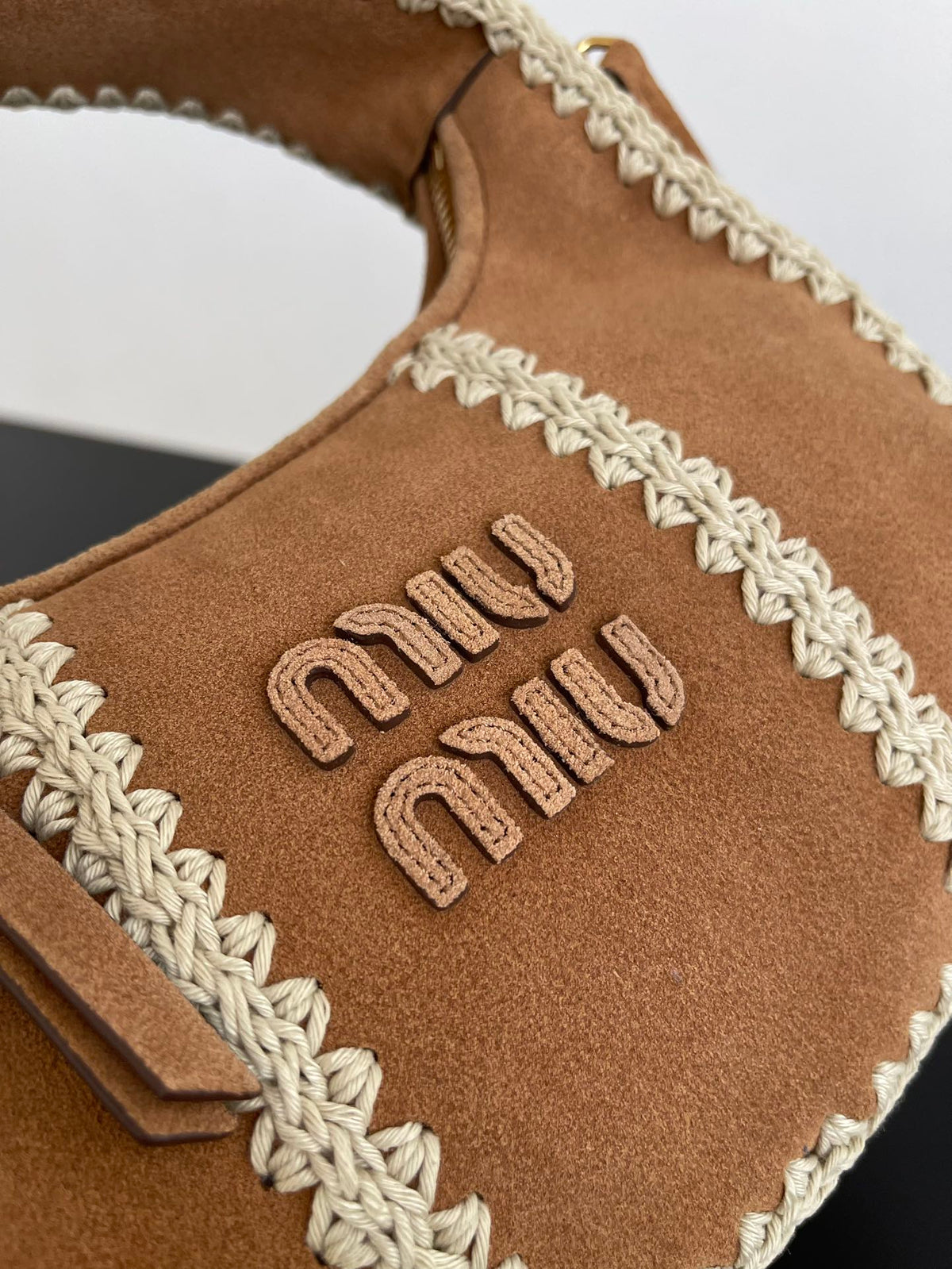 Miu Miu Woven Top Handle Bag – Camel & White