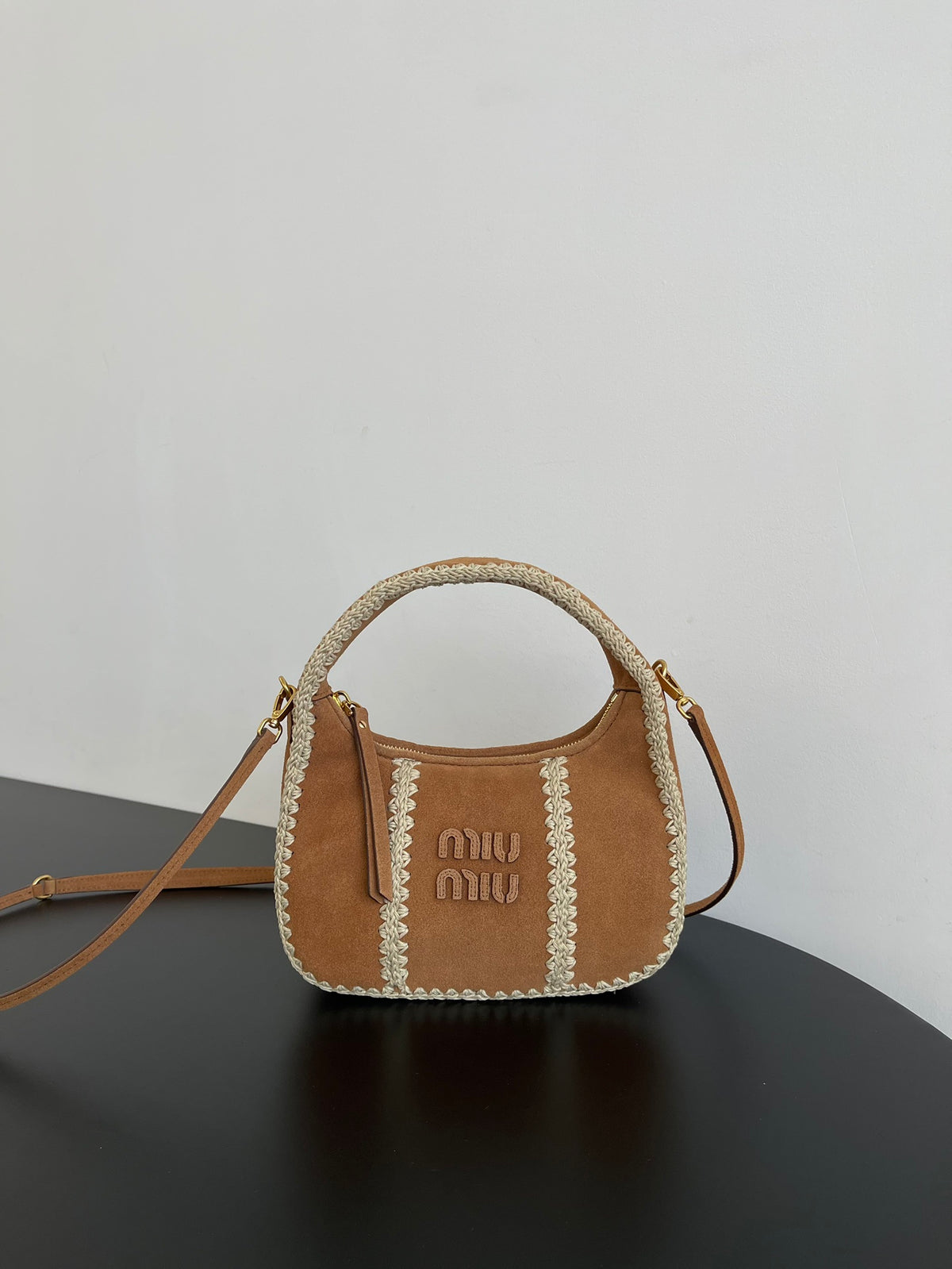 Miu Miu Woven Top Handle Bag – Camel & White