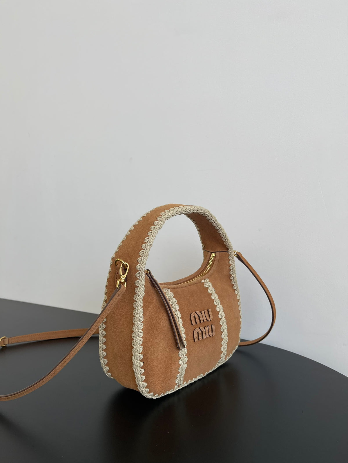 Miu Miu Woven Top Handle Bag – Camel & White