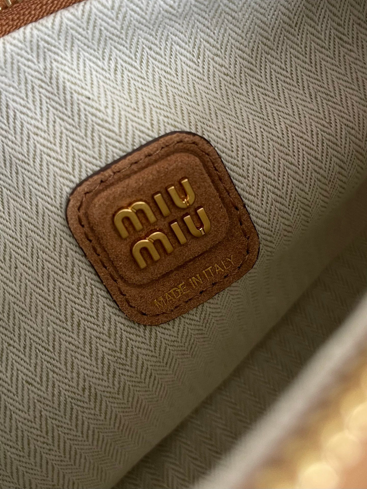 Miu Miu Woven Top Handle Bag – Camel & White