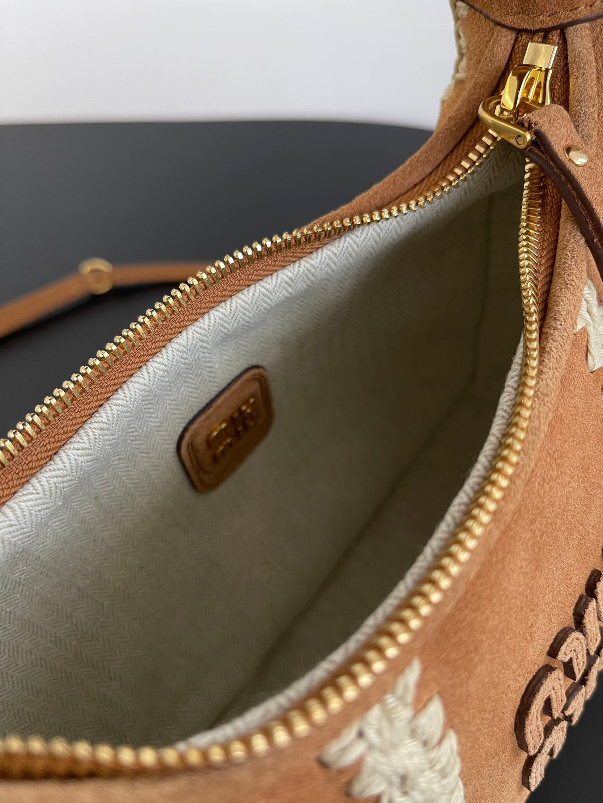 Miu Miu Woven Top Handle Bag – Camel & White