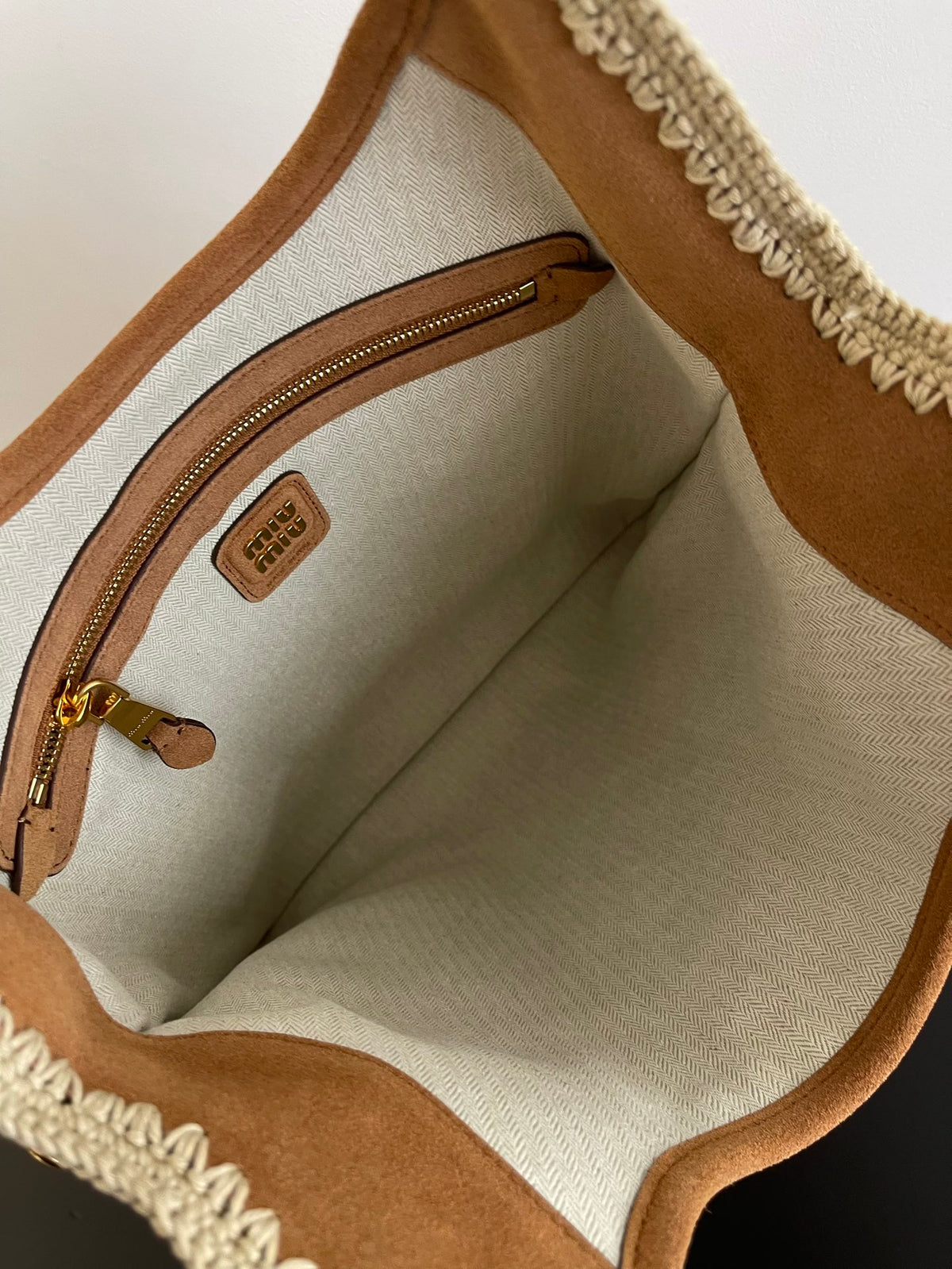 Miu Miu Suede Embroidered Tote Bag – Cognac