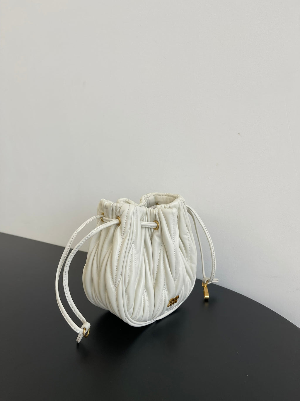 Miu Miu Matelassé Drawstring Mini Bag – White