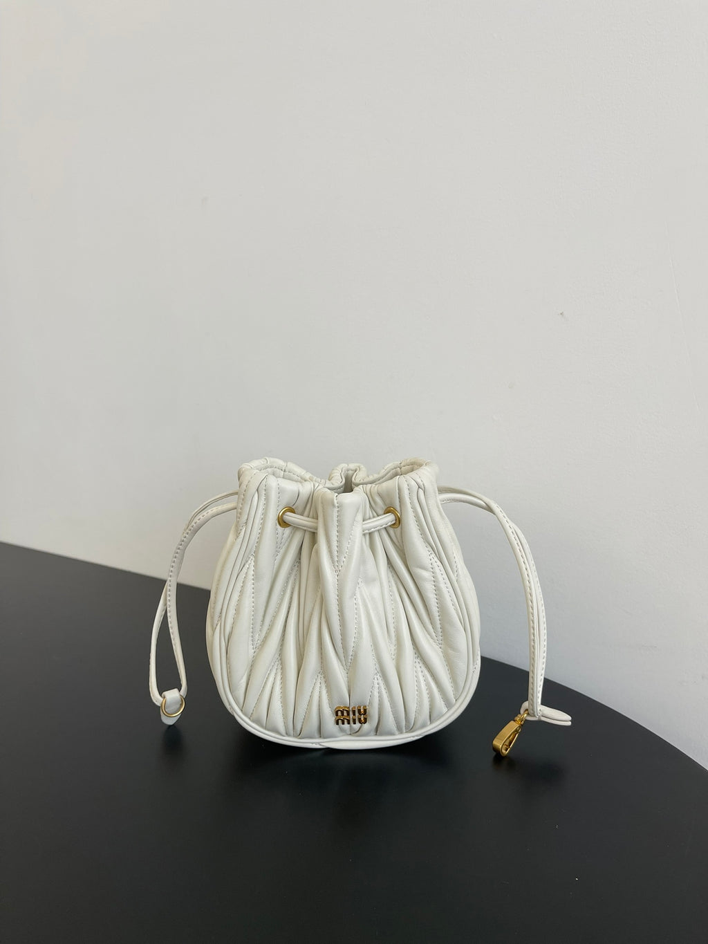 Miu Miu Matelassé Drawstring Mini Bag – White