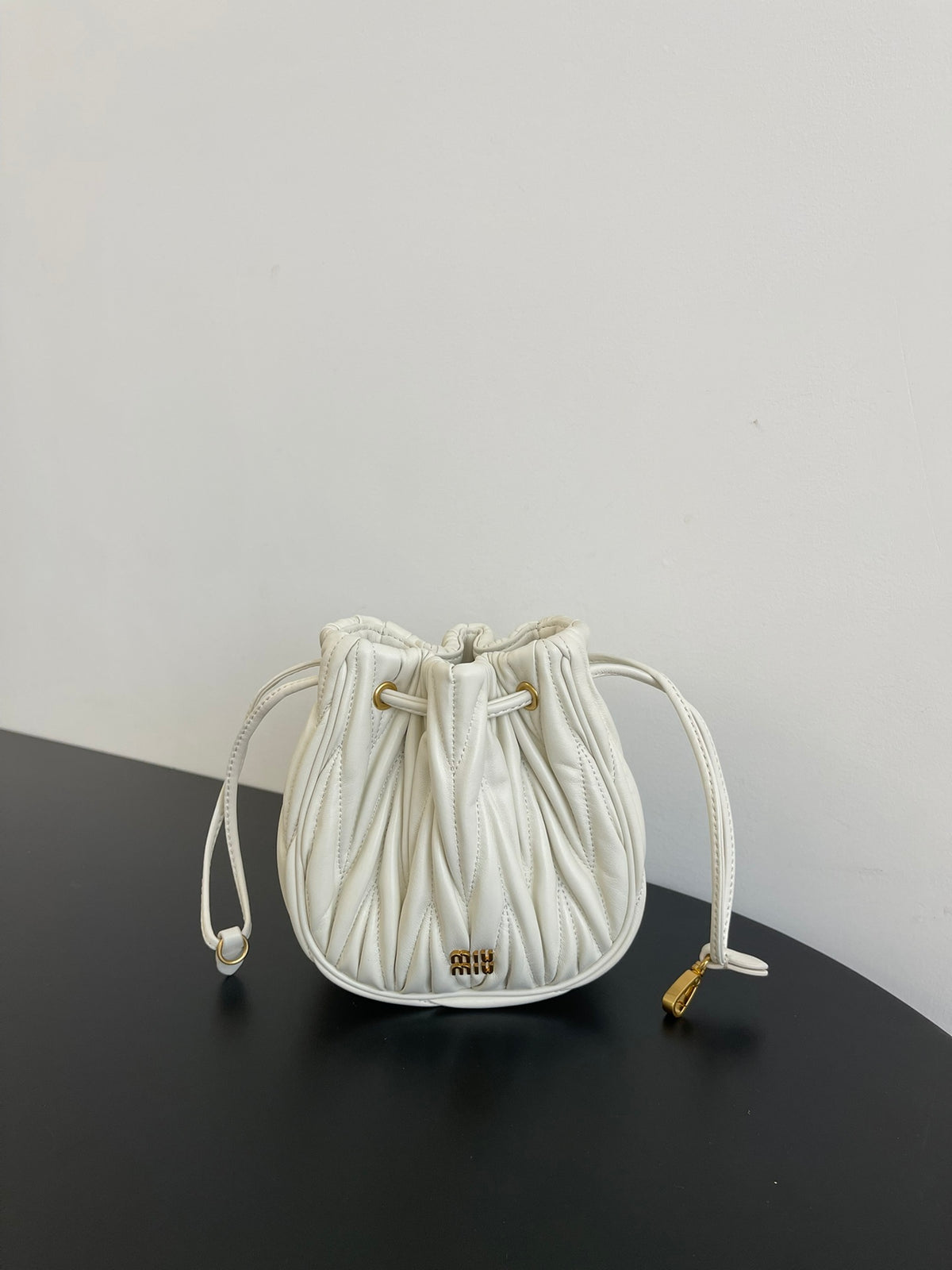 Miu Miu Matelassé Drawstring Mini Bag – White