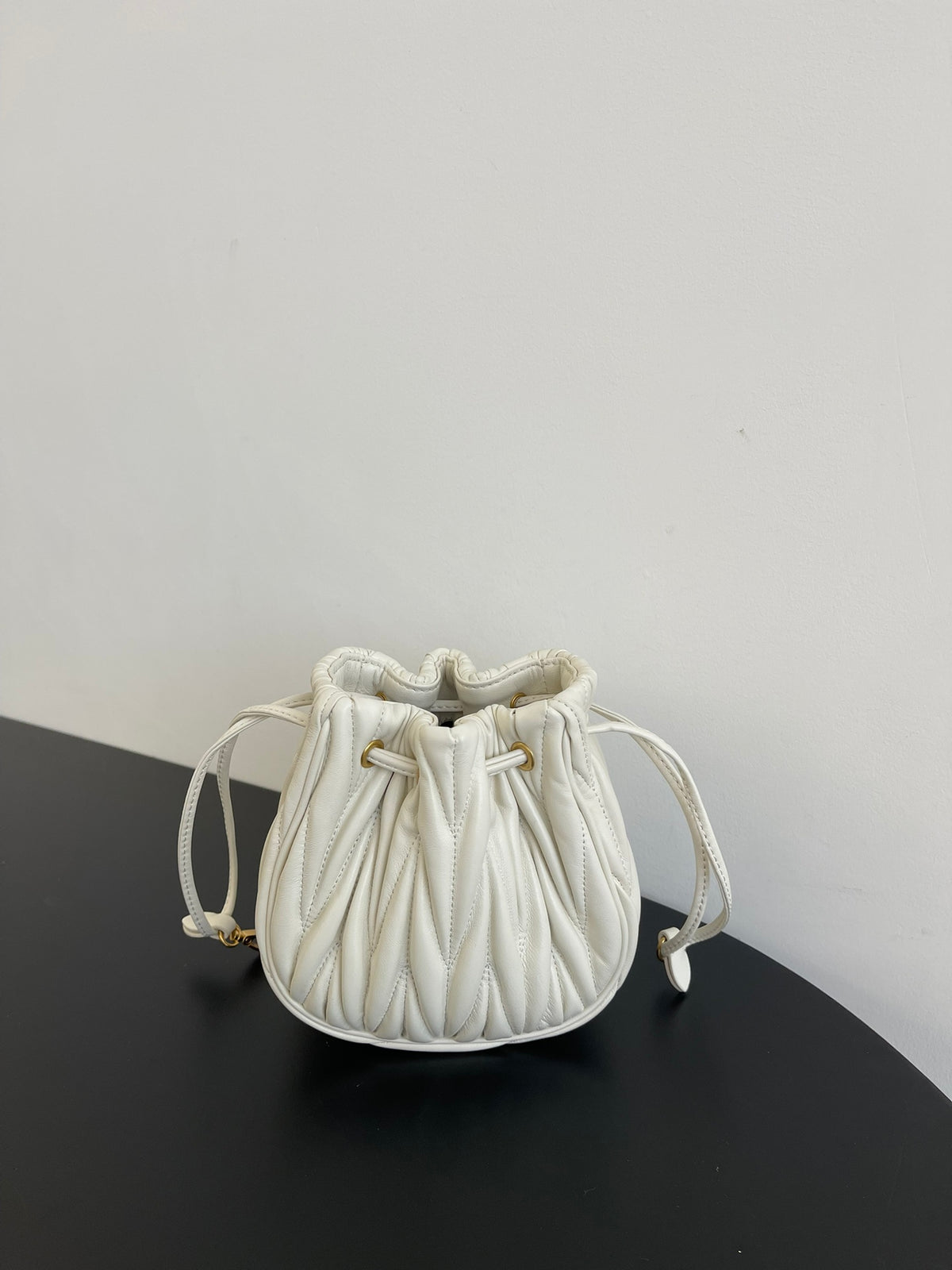 Miu Miu Matelassé Drawstring Mini Bag – White