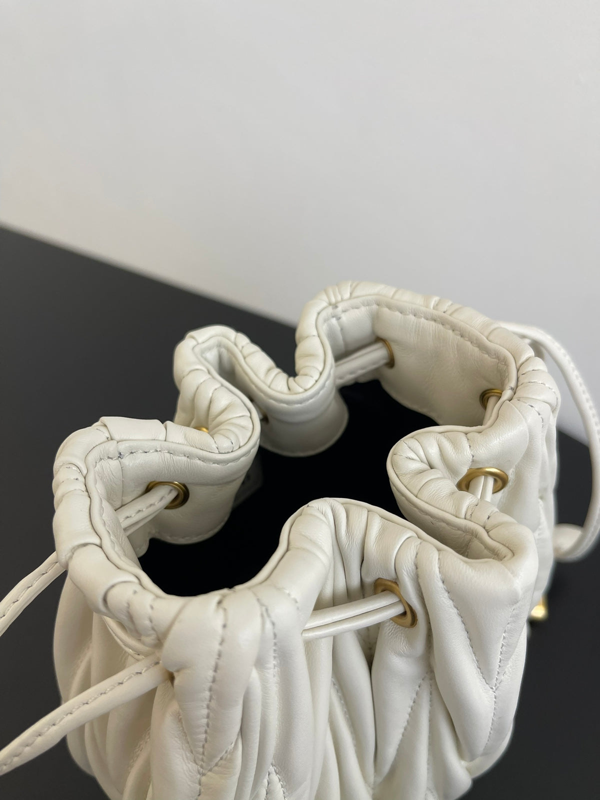 Miu Miu Matelassé Drawstring Mini Bag – White