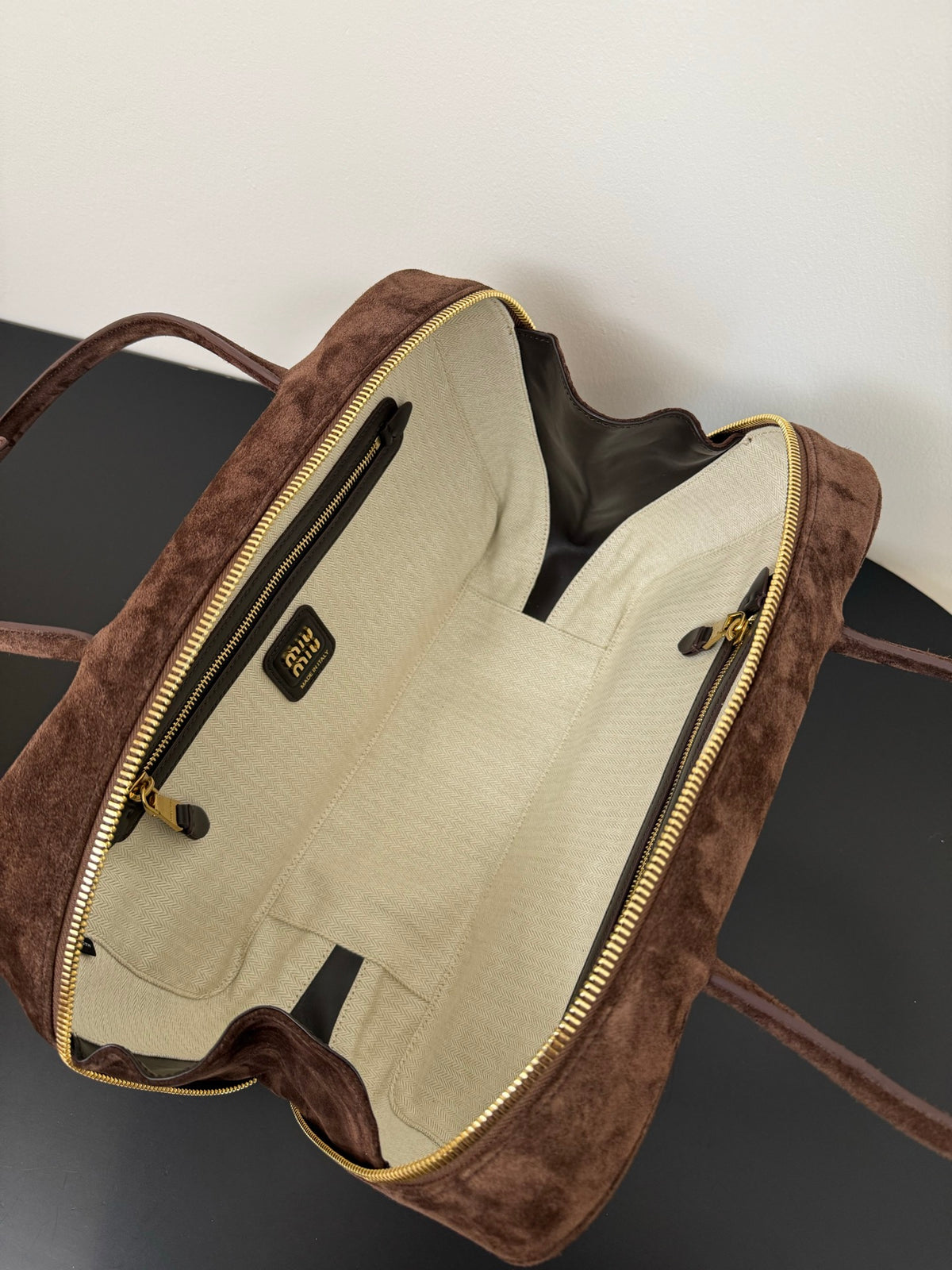 Miu Miu Suede Top Handle Bag – Dark Brown