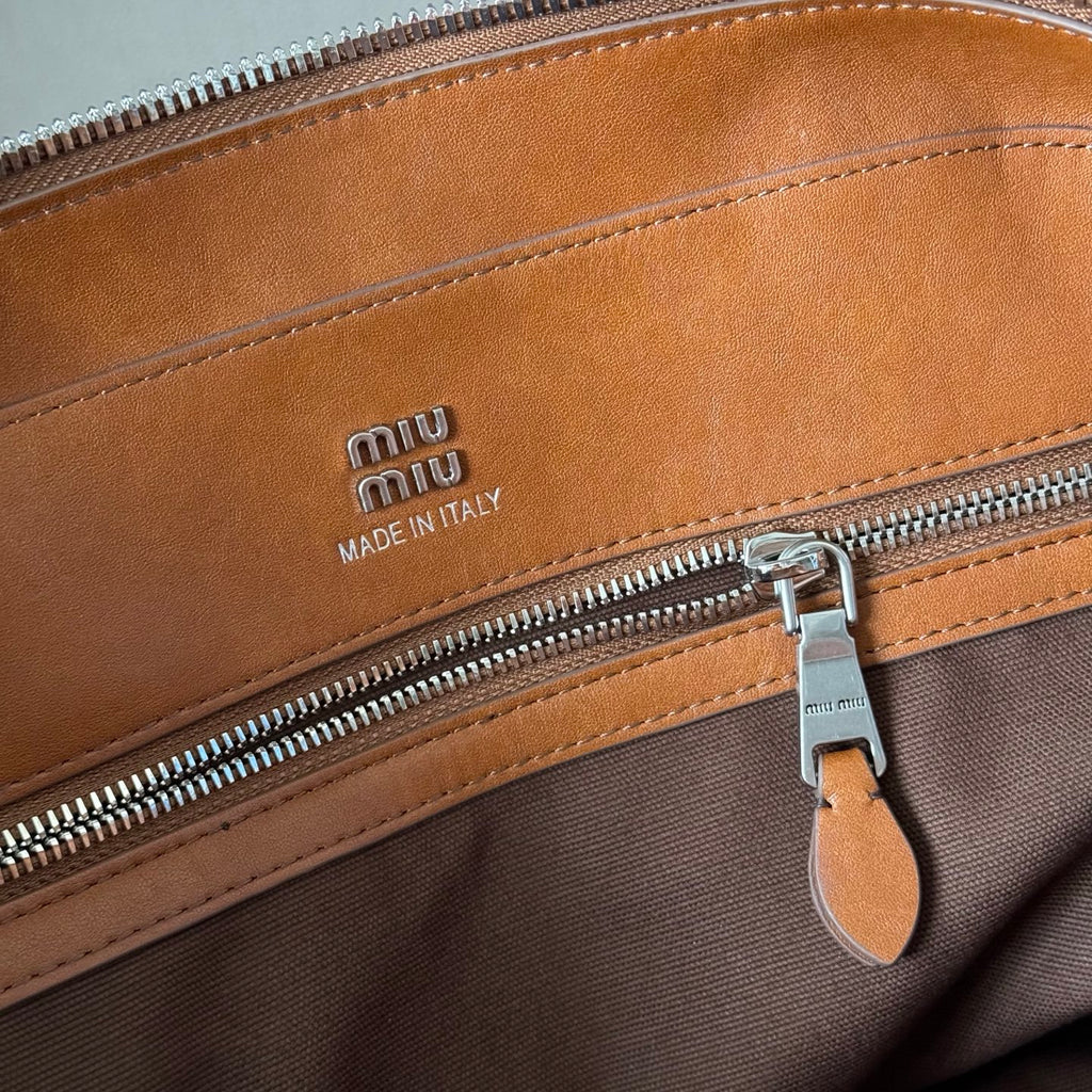Miu Miu Aventure Leather Top Handle Bag – Cognac