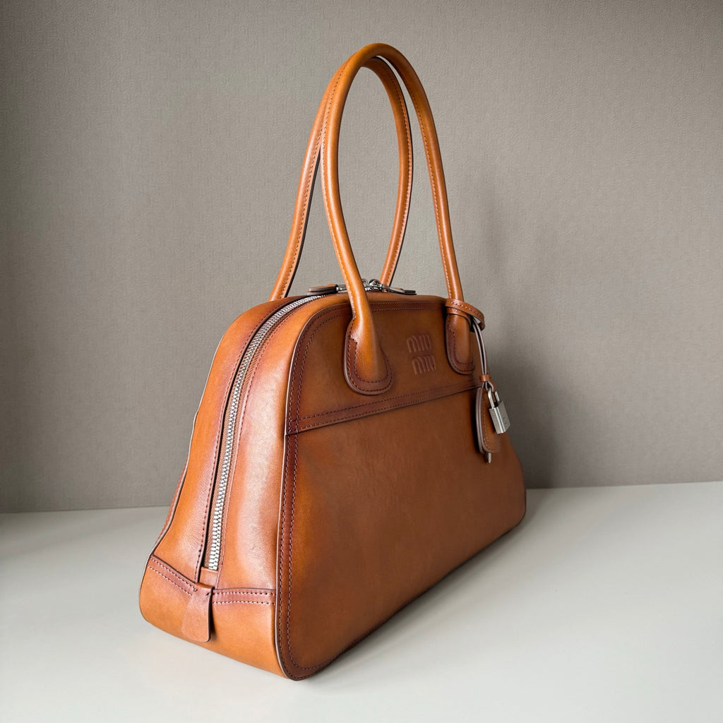 Miu Miu Aventure Leather Top Handle Bag – Cognac